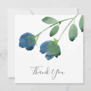 Indigo Blue and Green Watercolor Flowers Thank You Card