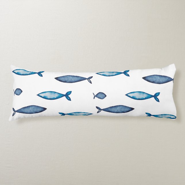 Indigo Blue and Teal Watercolor Fishes Body Cushion (Front)