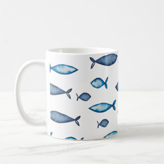 Indigo Blue and Teal Watercolor Fishes Coffee Mug