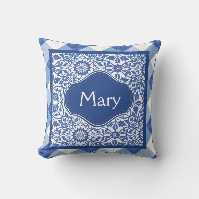 Indigo Blue and White Monogram Pillow (Front)