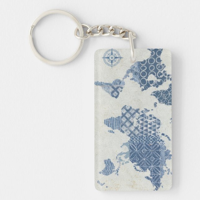 Indigo Blue Batik Map of the World Key Ring (Front)