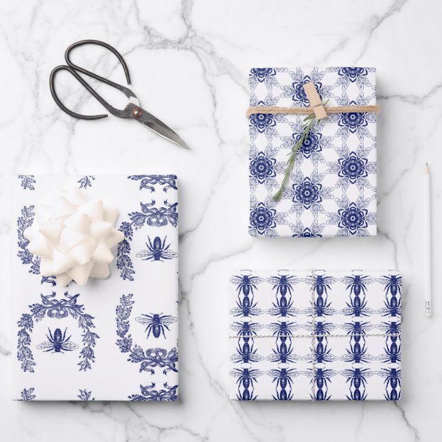 Indigo Blue Bee designs gift wrap set (Front)