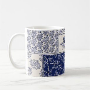Indigo Blue Beige Floral Patchwork Coffee Mug