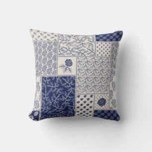Indigo Blue Beige Floral Patchwork Cushion