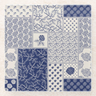 Indigo Blue Beige Floral Patchwork Glass Coaster