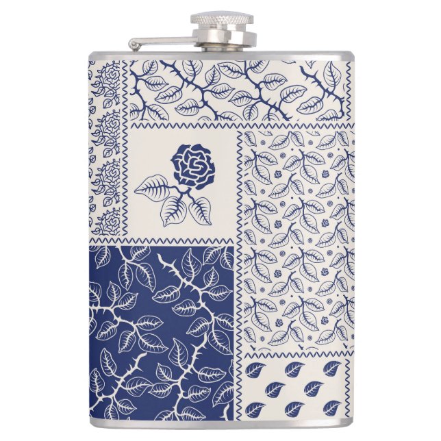 Indigo Blue Beige Floral Patchwork Hip Flask (Front)