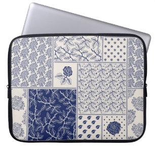 Indigo Blue Beige Floral Patchwork Laptop Sleeve