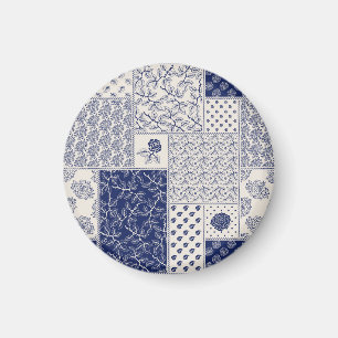 Indigo Blue Beige Floral Patchwork Magnet