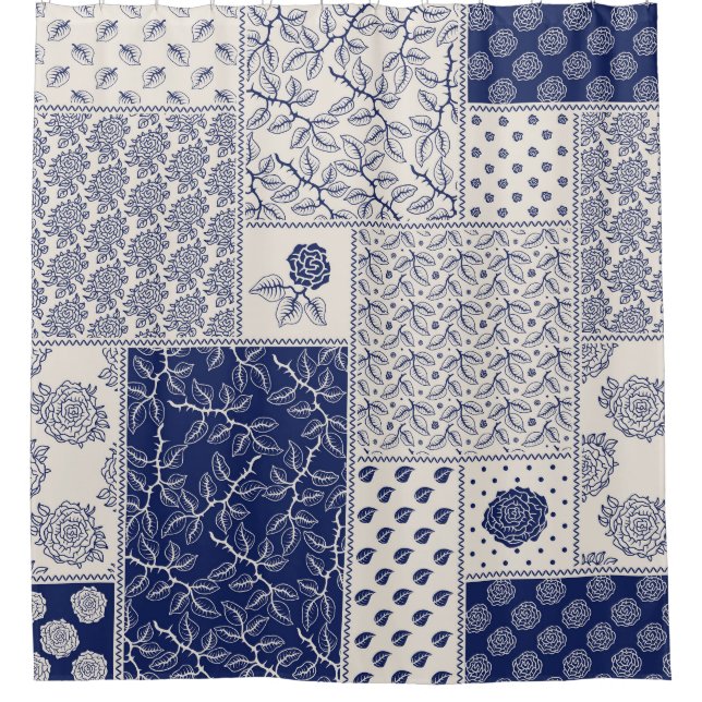 Indigo Blue Beige Floral Patchwork Shower Curtain (Front)