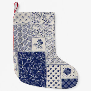 Indigo Blue Beige Floral Patchwork Small Christmas Stocking