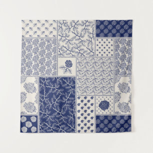 Indigo Blue Beige Floral Patchwork Tapestry