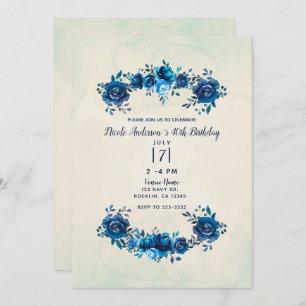 Indigo Blue Beige Watercolor Flowers Birthday Invitation