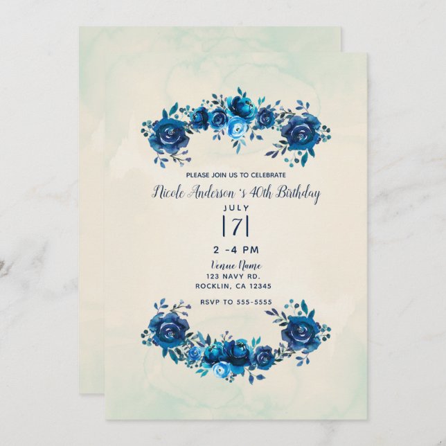 Indigo Blue Beige Watercolor Flowers Birthday Invitation (Front/Back)