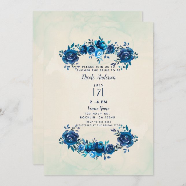 Indigo Blue Beige Watercolor Flowers Bridal Shower Invitation (Front/Back)