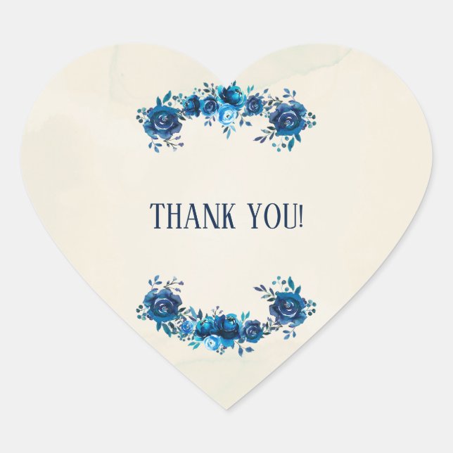 Indigo Blue & Beige Watercolor Flowers Wedding Heart Sticker (Front)