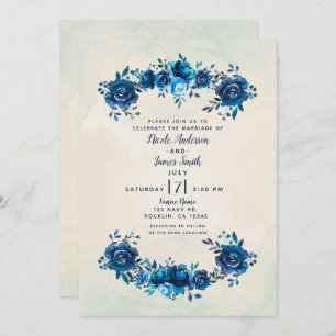 Indigo Blue & Beige Watercolor Flowers Wedding Invitation