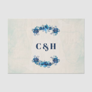 Indigo Blue & Beige Watercolor Flowers Wedding Tissue Paper