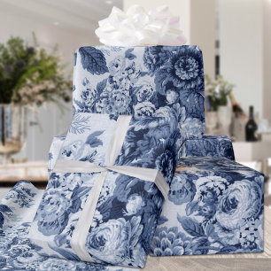 Indigo Blue Black White Vintage Floral Toile No.3 Wrapping Paper