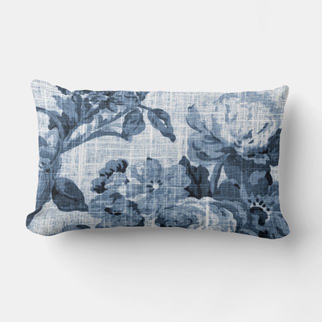 Indigo Blue Botanical Floral Toile Fabric No.5 Lumbar Cushion (Front)