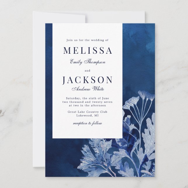 Indigo Blue Botanical Wedding  Invitation (Front)