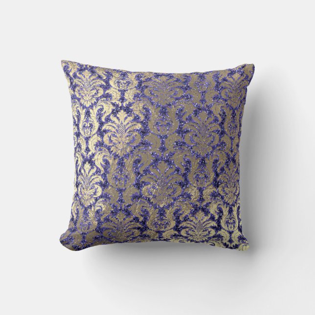 Indigo Blue Cobalt Damask Sepia Velvet Sequin Gold Cushion (Front)