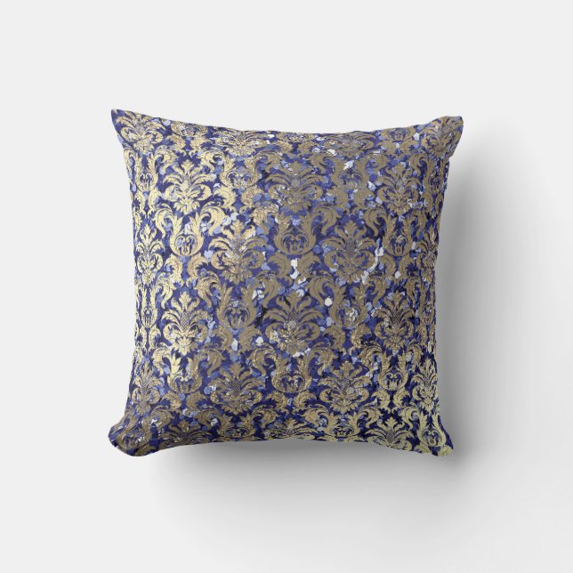 Indigo Blue Cobalt Damask Sequin Champaigne Gold Cushion (Front)