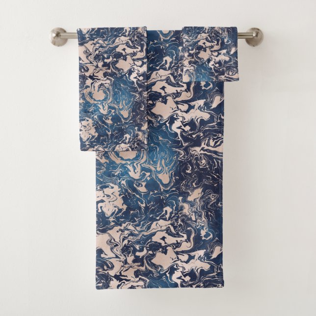 Indigo Blue Cream Marble Pattern Design Bath Towel Set (Insitu)
