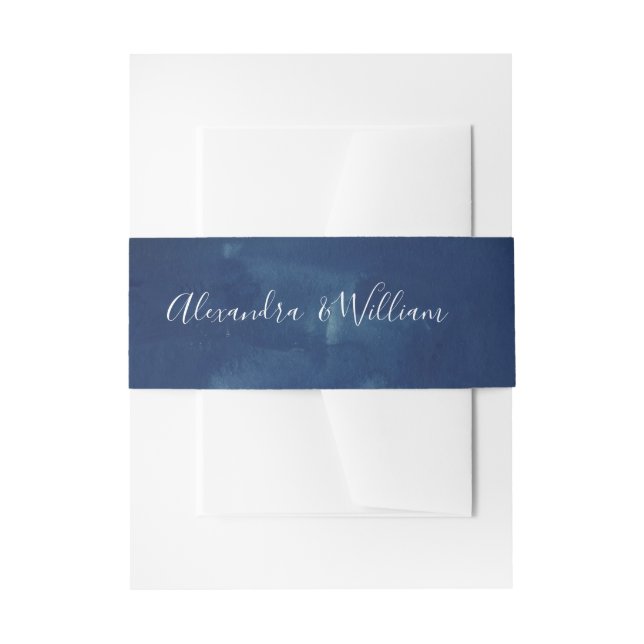 Indigo Blue Dark Watercolor Invitation Belly Band (Front Example)