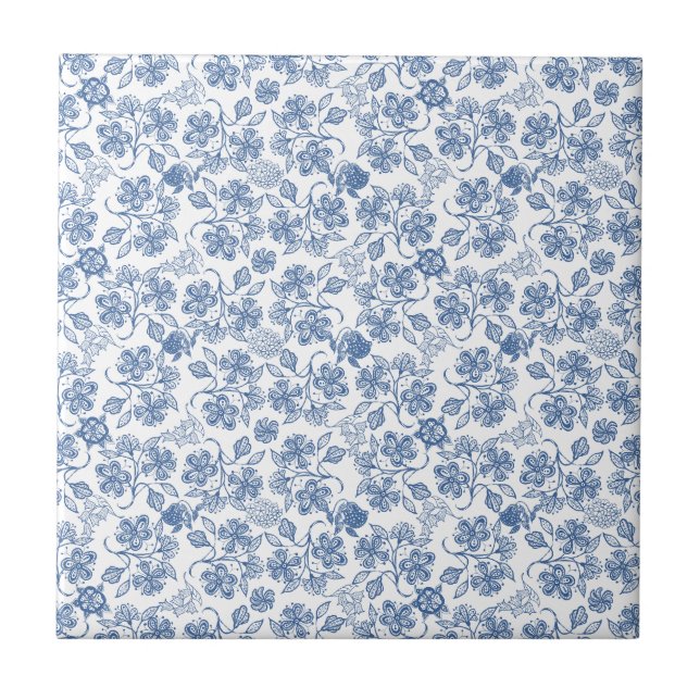 Indigo Blue Ethnic Floral Print Ceramic Tile (Front)