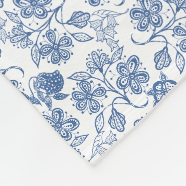 Indigo Blue Ethnic Floral Print Fleece Blanket (Corner)