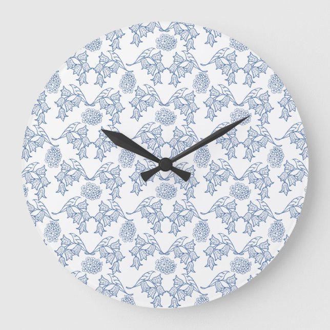 Indigo Blue Ethnic Floral Print Round Wall Clock (Front)