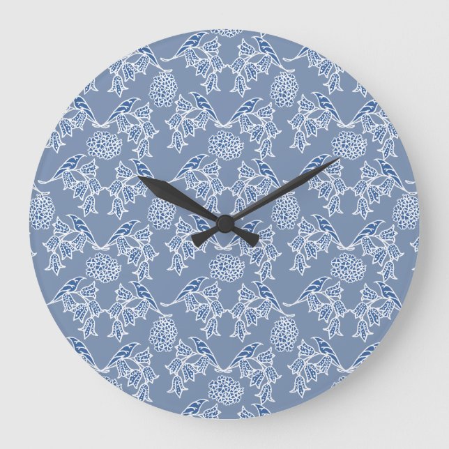 Indigo Blue Ethnic Floral Print Round Wall Clock (Front)