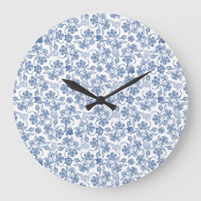 Indigo Blue Ethnic Floral Print Round Wall Clock (Front)