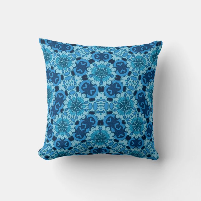 Indigo Blue Floral Chinese Tile Pattern Cushion (Front)