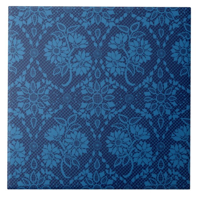 Indigo Blue Floral Faux Lace Pattern Tile (Front)