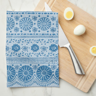 Indigo Blue Floral Faux Lace Pattern to Customize Tea Towel