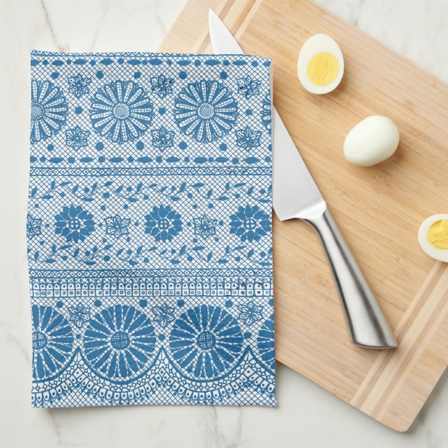 Indigo Blue Floral Faux Lace Pattern to Customize Tea Towel (Quarter Fold)