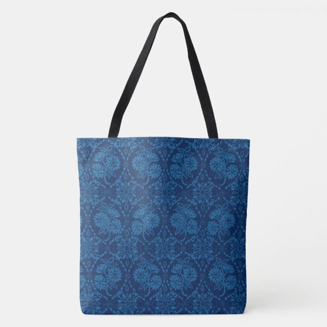 Indigo Blue Floral Faux Lace Pattern Tote Bag (Front)