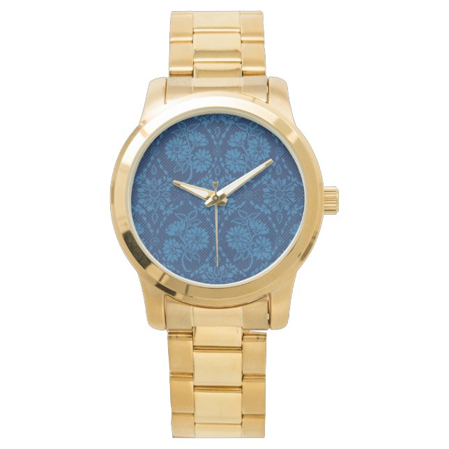Indigo Blue Floral Faux Lace Pattern Watch (Front)