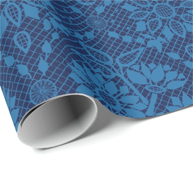 Indigo Blue Floral Faux Lace Pattern Wrapping Paper (Roll Corner)