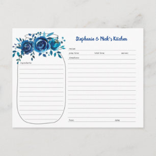 Indigo Blue Floral Mason Jar Newlywed Recipe Cards