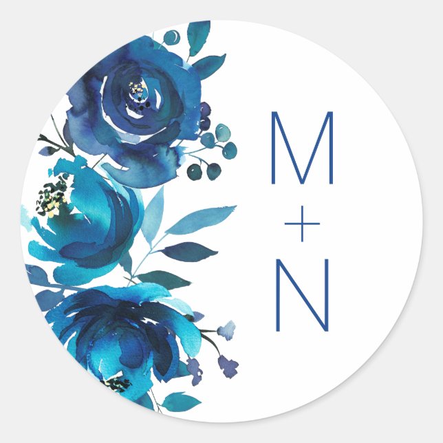 Indigo Blue Floral monogram wedding envelope seal (Front)