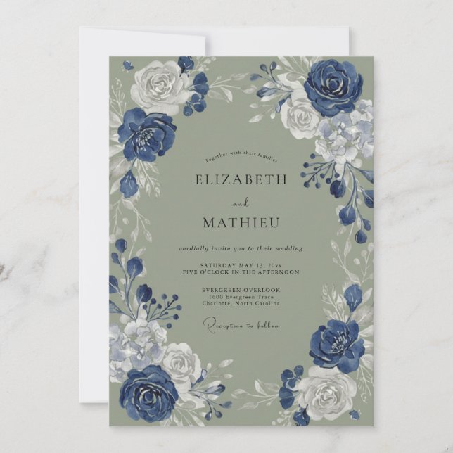 Indigo Blue Floral Romance Wedding Invitation (Front)