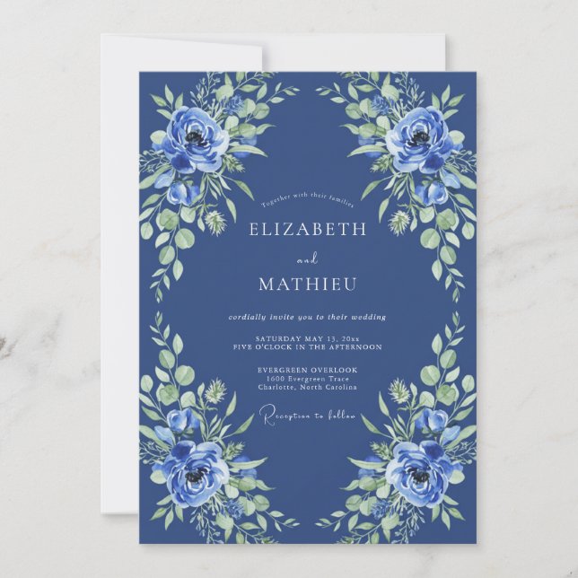 Indigo Blue Floral Romantic Wedding Invitation (Front)