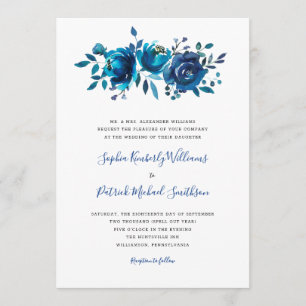 Indigo Blue Floral + traditional wording wedding Invitation