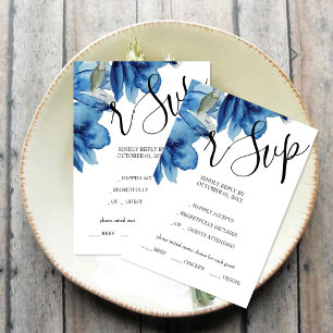 Indigo Blue Floral Watercolor Hand-painted RSVP Card
