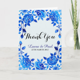 Indigo Blue Floral Wedding Thank You Card