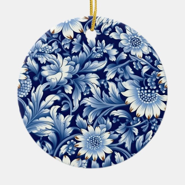 Indigo Blue Flowers Ceramic Tree Decoration (Front)