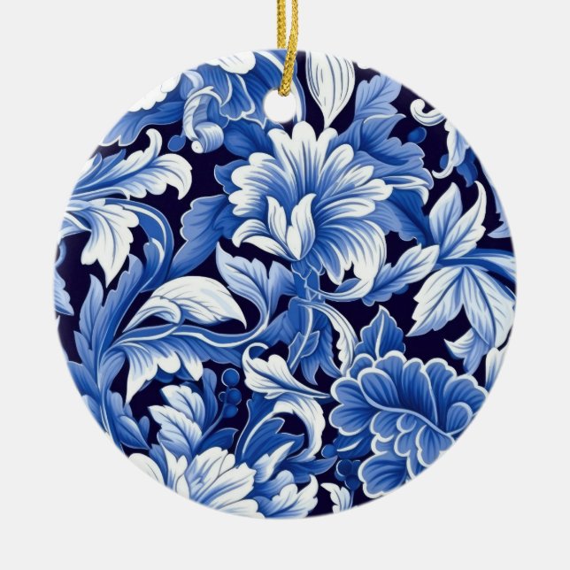 Indigo Blue Flowers Ceramic Tree Decoration (Front)