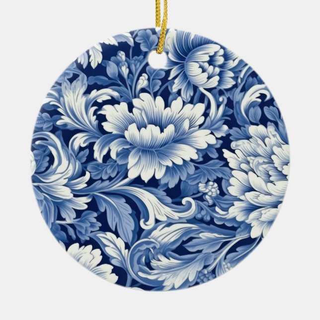 Indigo Blue Flowers Ceramic Tree Decoration (Front)